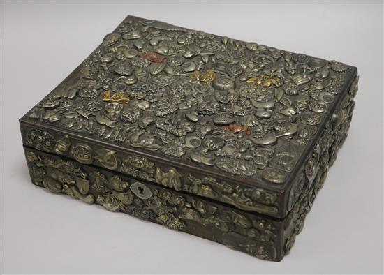 A Japanese hardwood and metal appliqué games box, height 9cm width 21cm